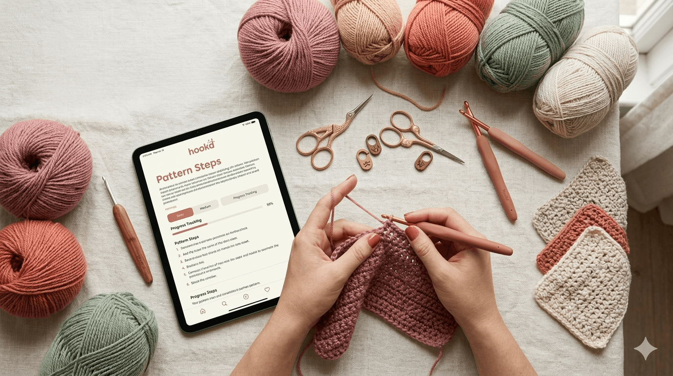 Crocheter following a Hookd pattern on a tablet